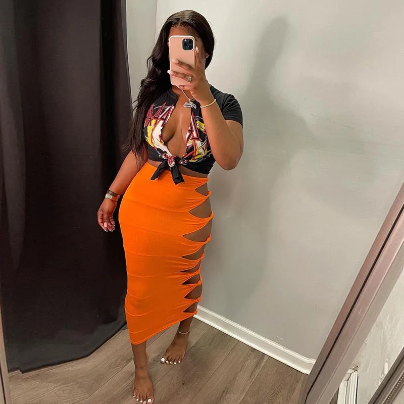 

2021 Summer Women High Waist Sexy Solid Slim Fit Hollow Out Pencil Bodycon Midi Skirt Female