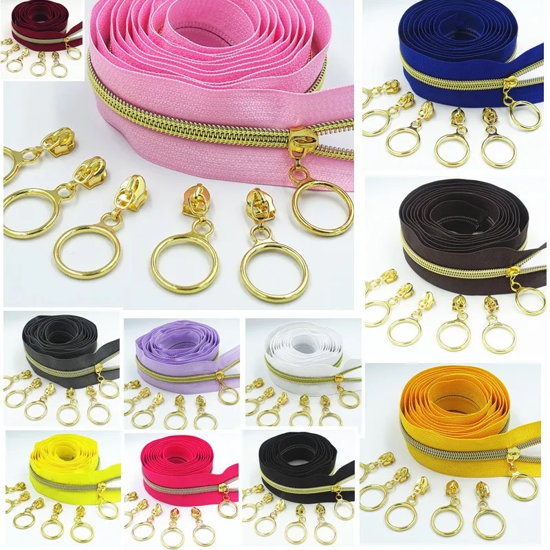

10M 20Pcs Slider 5#Colored Golden Tooth Nylon Zipper Coil Code Decoration Luggage Garment Purse Bags DIY Home Sewing Accessories