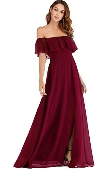 

Women's Off-the-Shoulder Pleated Backless Chiffon Floor Length Party Dress Evening Dress with Side Slit Beach Dress