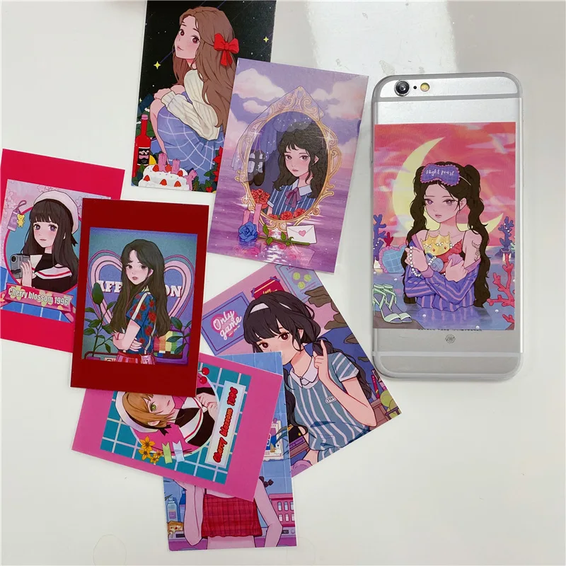 

Harajuku Girl Illustration Card Postcard Retro Mobile Phone Hand Account Pendulum Props Card Living Room Wall Stickers