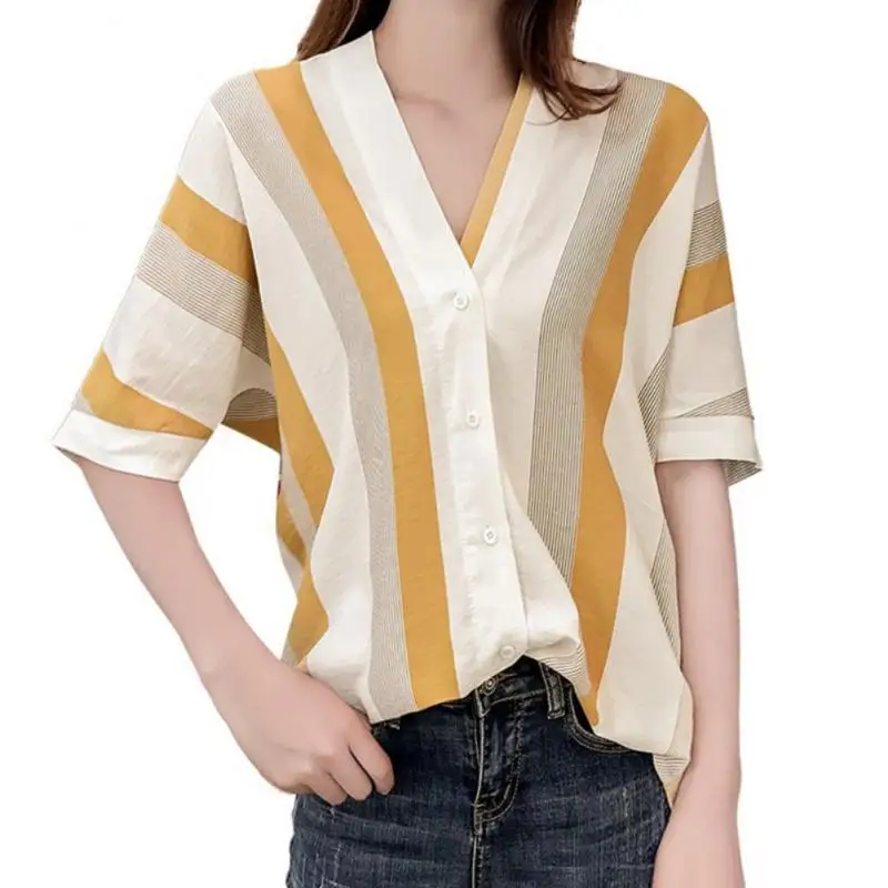

Fashion Loose V-neck Stripe Shirts Short Sleeve Women Blouse Tops
