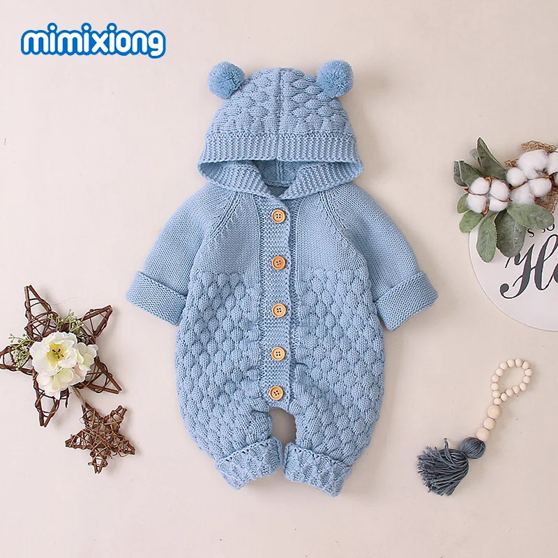 Solid Long sleeve Buttons Up Knitted Warm Hoodie Romper For Baby Girl | Детская одежда и обувь