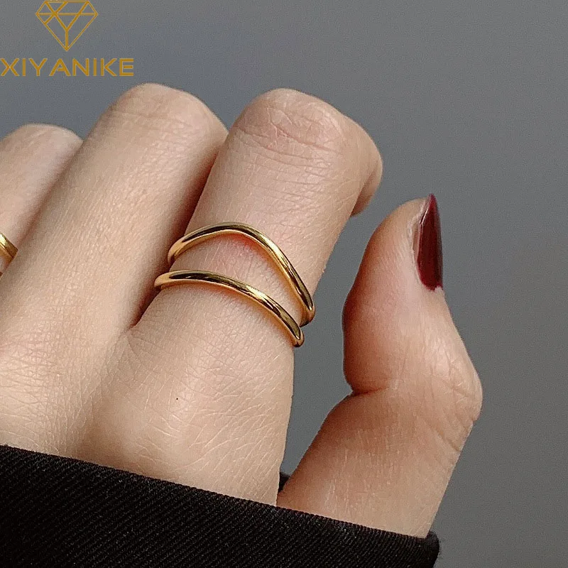 XIYANIKE Silver Color  Charm Rings for Women Couples New Fashion Gold Plated Double-layered Curve Party Jewelry Gifts