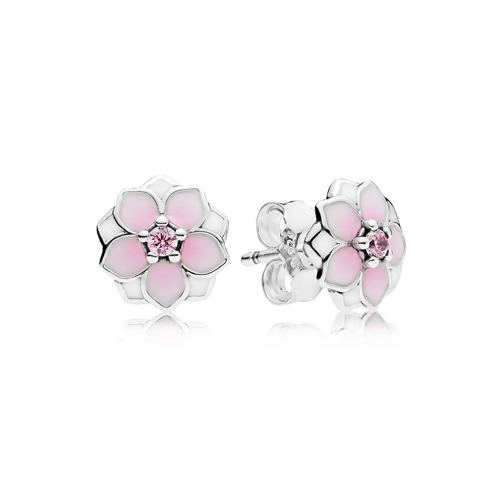 

Original 925 Sterling Silver Magnolia Bloom Stud Earrings Pale Cerise Enamel Pink CZ For Women Luxury Earrings Crystal Jewellery