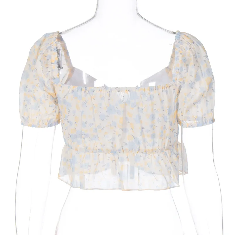 

Summer ruffled Floral navel Chiffon V-neck short-sleeved T-shirt women