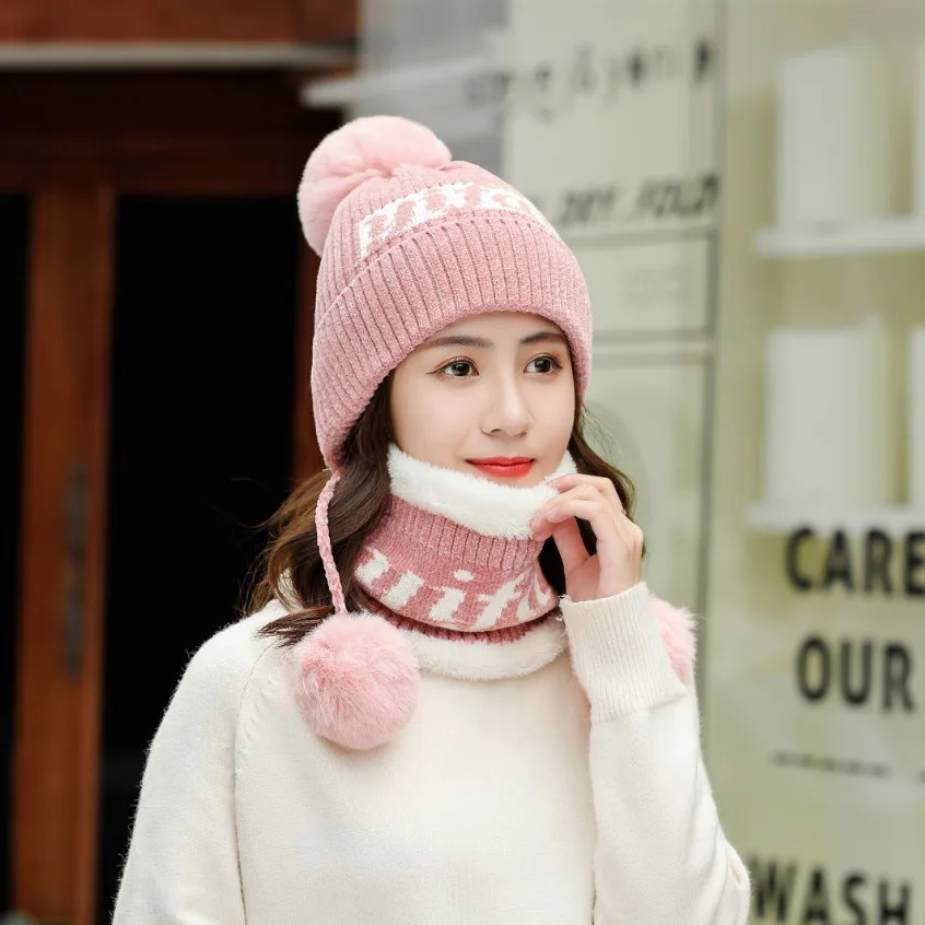 Зимние женские вязаные шапки и шарф с помпоном Женская плотная шапка 2 шт. зимние