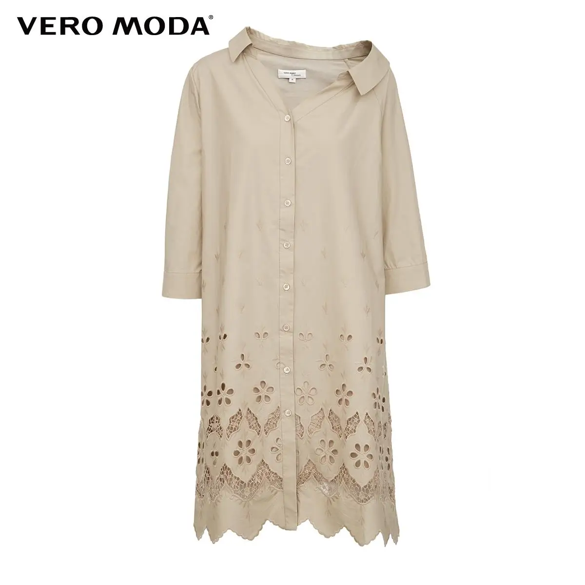

Vero Moda Women Vintage 100% Cotton Asymmetric Neckline Embroidered Hollow Out 3/4 Sleeves Dress | 32027C563