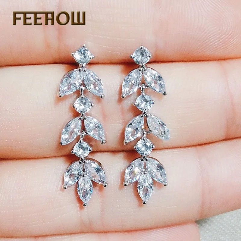 FEEHOW элегантные серьги подвески в виде листьев из Кубического циркония ААА для