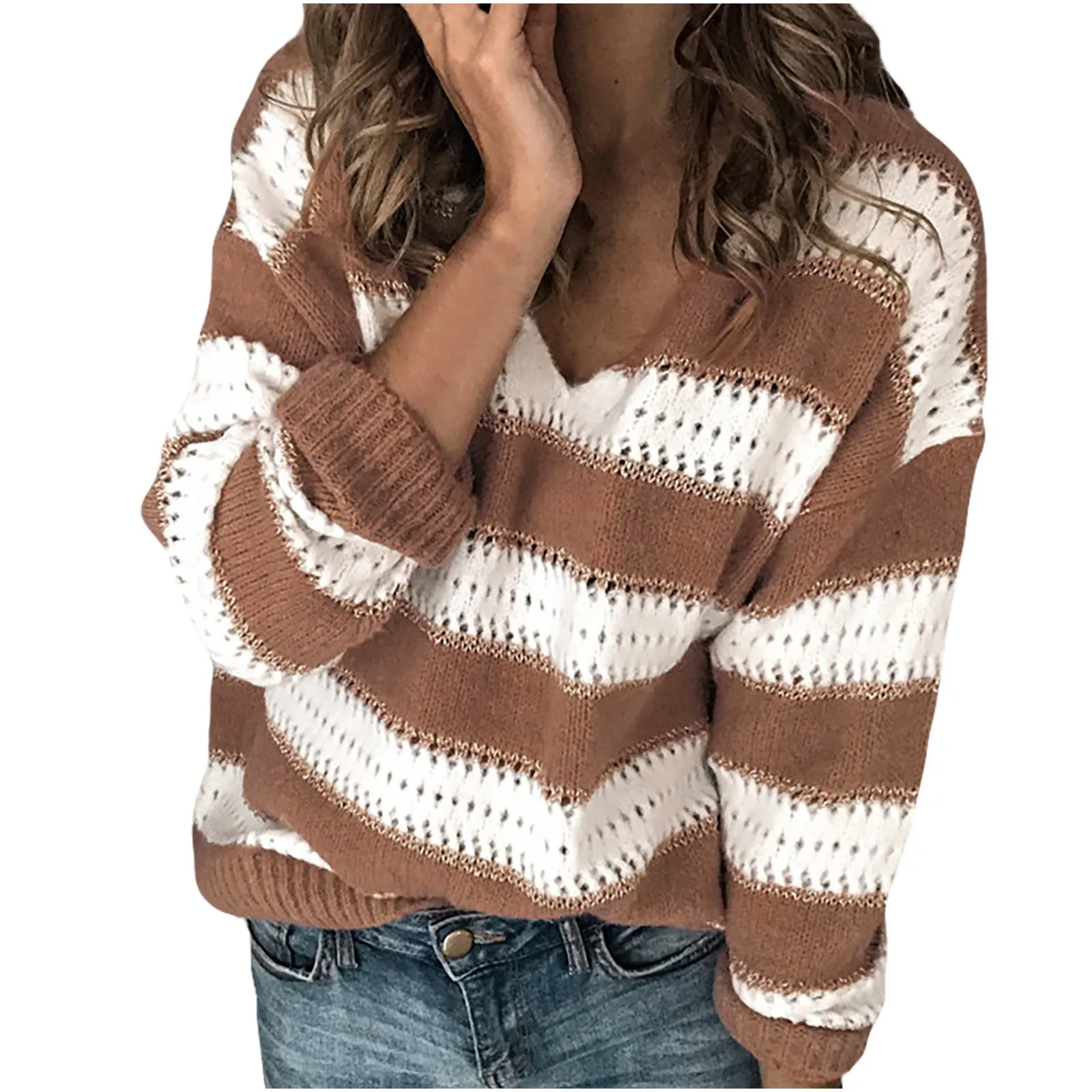 

Fashion Women V-neck Long Sleeve Hollow Out Striped Print Knitted Sweater Top Fashion Retro Loose Atmosphere Simple Temperament