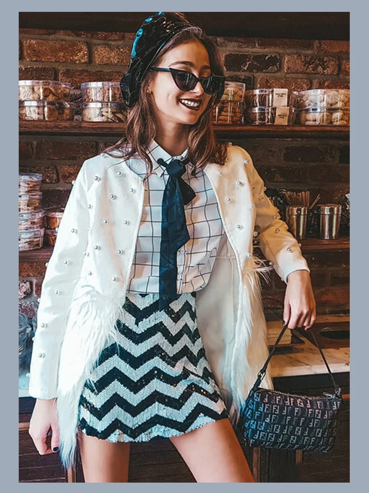 Sheinside Женское пальто с белым жемчугом, осенняя куртка, элегантная женская верхняя одежда, женская модная Лоскутная куртка из искусственного меха