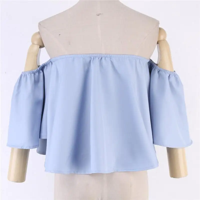 

New Stylish Spring Summer Women Ladies Flare sleeve Off Shoulder Solid Tank shirts Crop Tops Cropped Pullovers Blouse Costume 20
