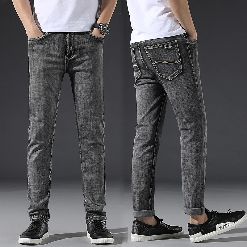 

Spring Summer New Grey Trousers Thin Men Jeans Elasticity Busines Casual Cotton Jeansy Male Jean Homme Office Straight Pants