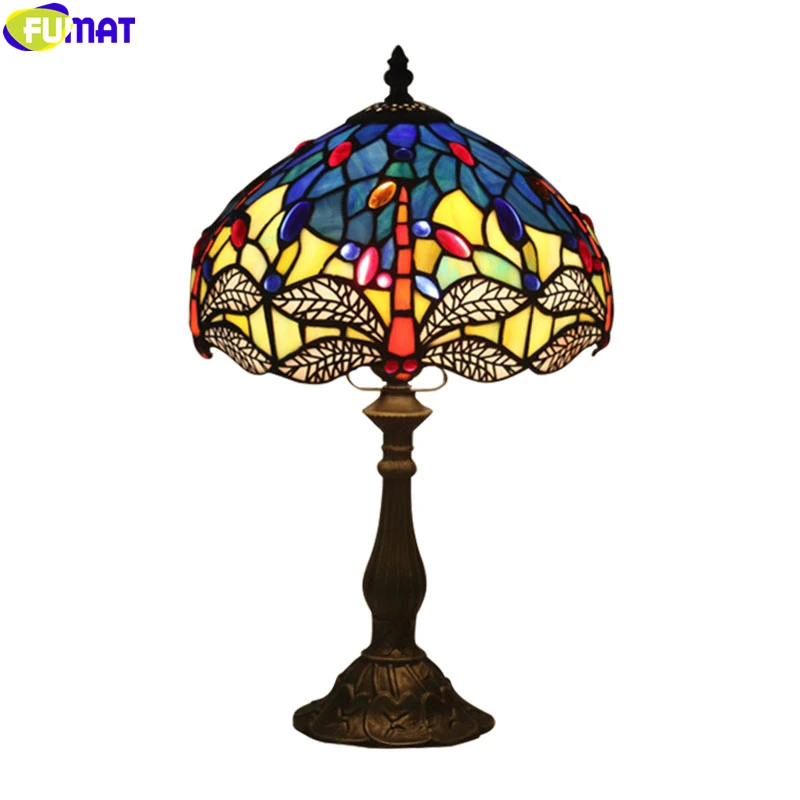 

FUMAT Blue Stained Glass Table Lamp Red Dragonfly Tiffany Style Lampshade Alloy Frame Desk Light Handcraft Arts Home Decor 8Inch