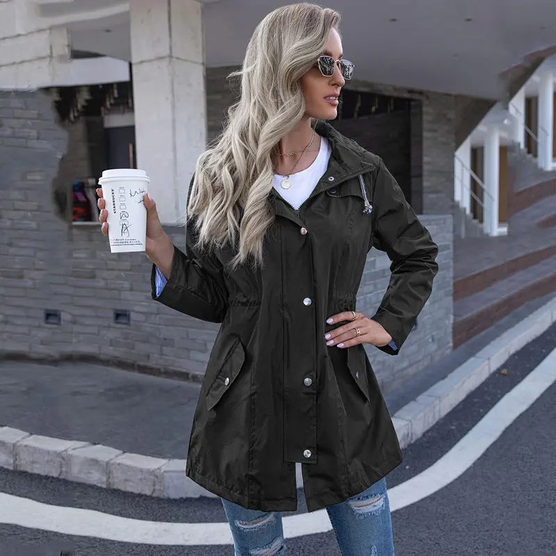 

2021 Autumn Windbreaker Women Jacket Long Coat Ladies Waterproof Winter Coat Women Hooded Trench Coat For Women Black