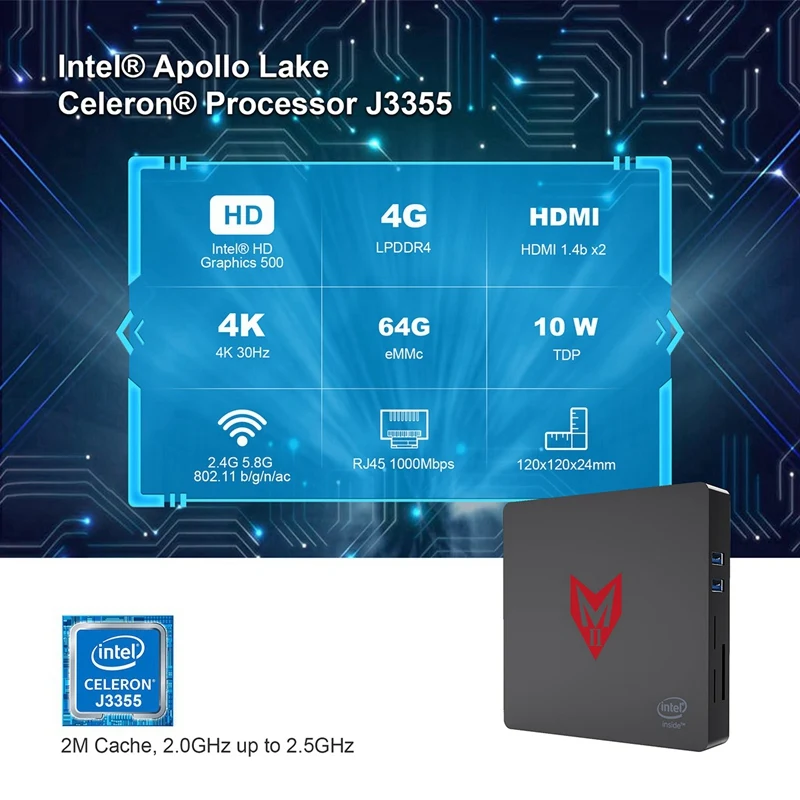 Mii Мини ПК Intel Apollo Lake J3355 4 Гб+ 64 Гб офисный компьютер 4K Hdmi Usb3.0 Gigabit Ethernet Windows 10 Мини компьютер