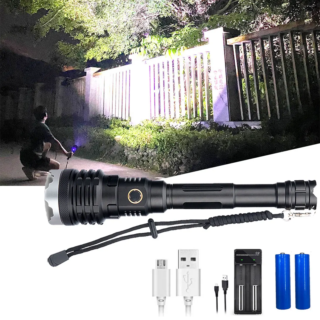 Precio Linterna Táctica De Caza Recargable Por USB, Lámpara Con Zoom 21700, Linterna Potente, Destello De Luz LED