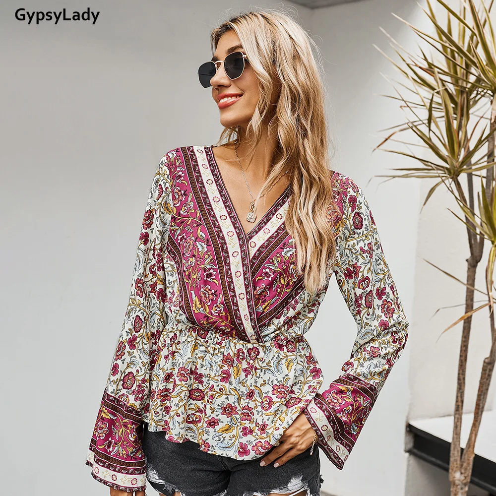 

GypsyLady Vintage Floral Print Blouse Shirt Autumn Spring Boho Holiday Women Blouse V-neck Long Flare Sleeve Girls Top Shirt