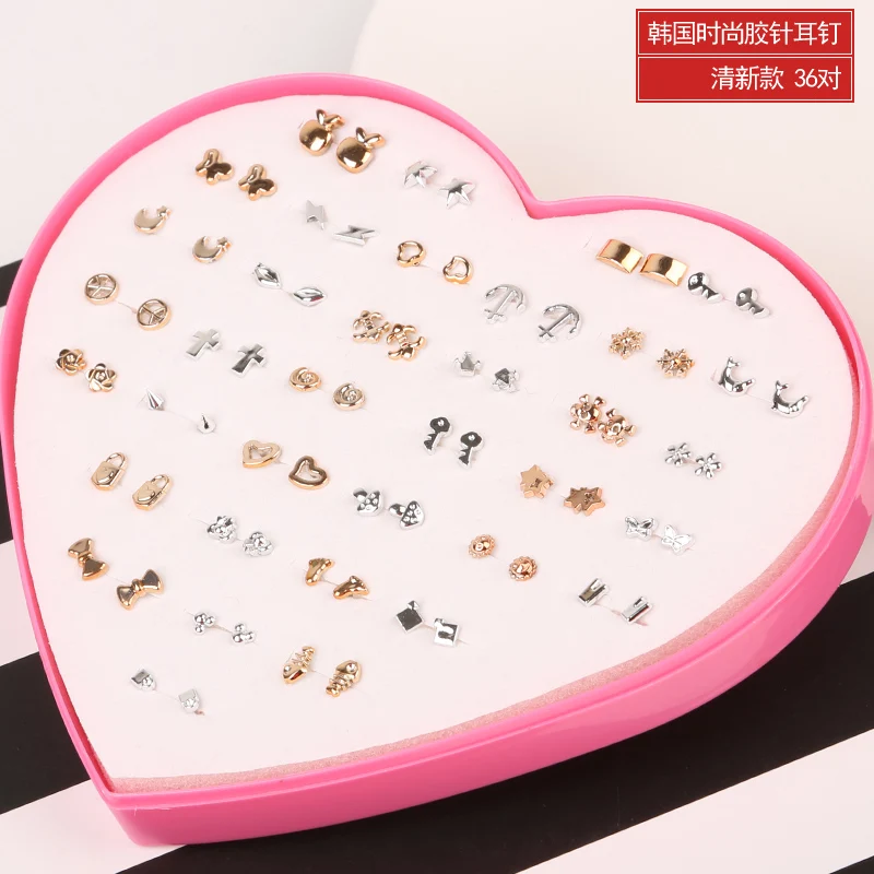 36Pairs/box Mix Cute Cartoon Hypoallergenic Plastic Love Flowers Stud Earrings Set For Women Girl Pearls Jewelry Gift |