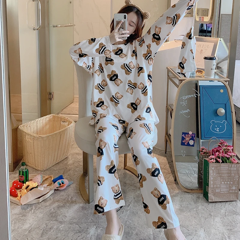 Korean Pajamas Set for Women Sleepdress Cartoon Bear Nightgowns Anime Girls Home Suit Long Sleeve Spring Autumn Pijama Ladies