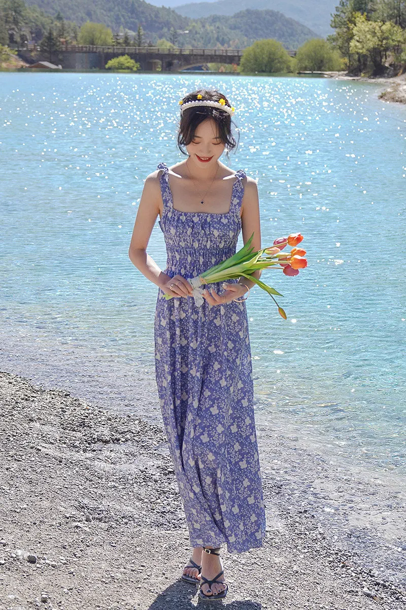 

COIGARSAM Floral Print Women dress New Spaghetti Strap Square Collar Dresses Design And Color 9992