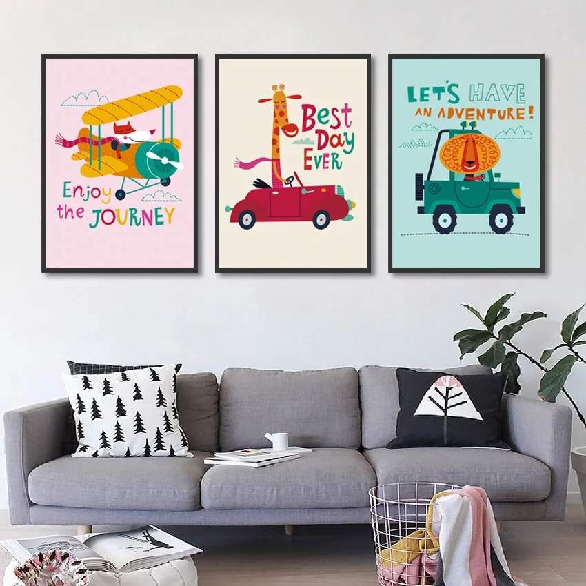 Мультфильм плакат с изображением автомобиля печать самолета Картина на холсте