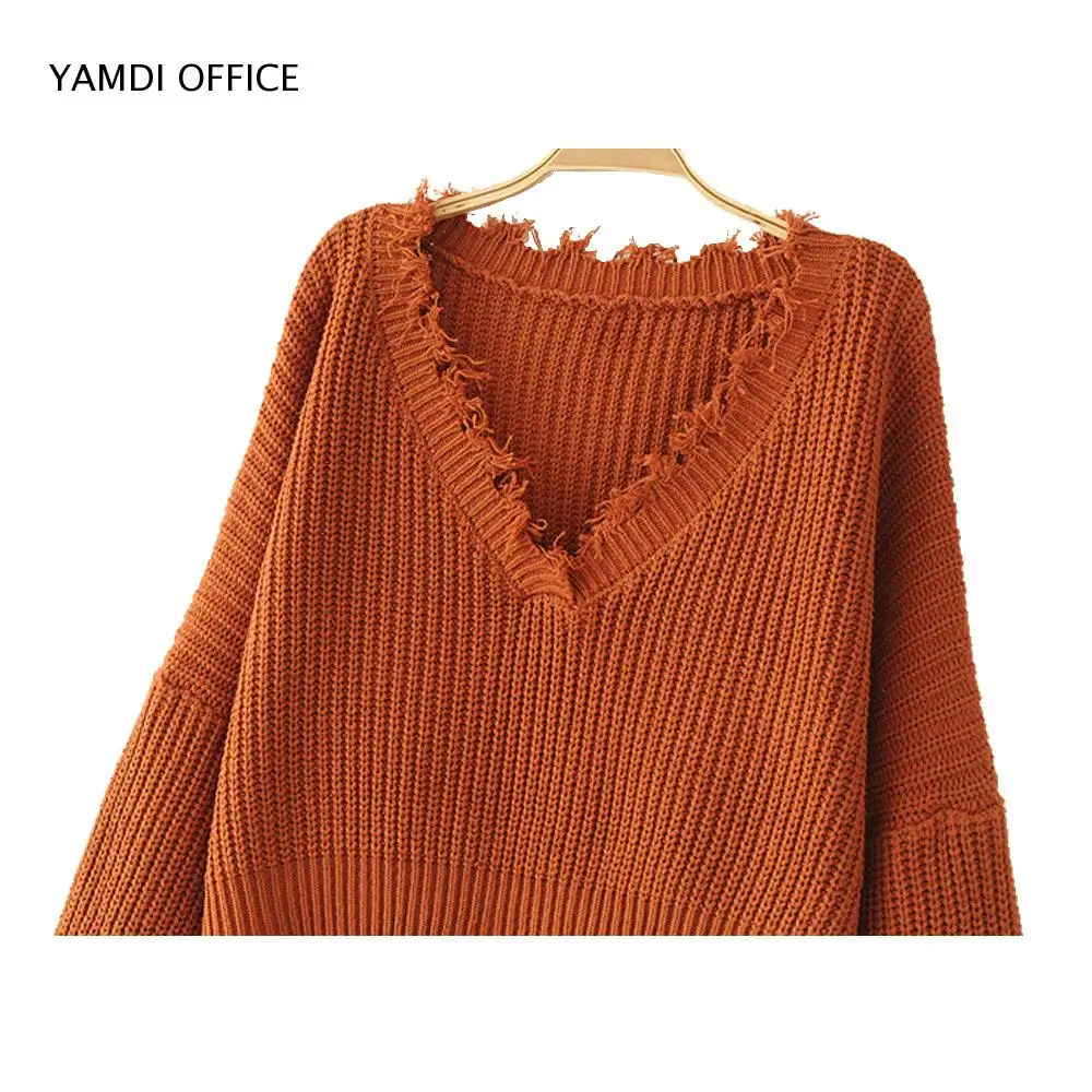 YAMDI 2019 NEW women tassel sweater autumn winter solid orange white black sweaters cropped jumpers v neck sexy knitted pullover | Женская