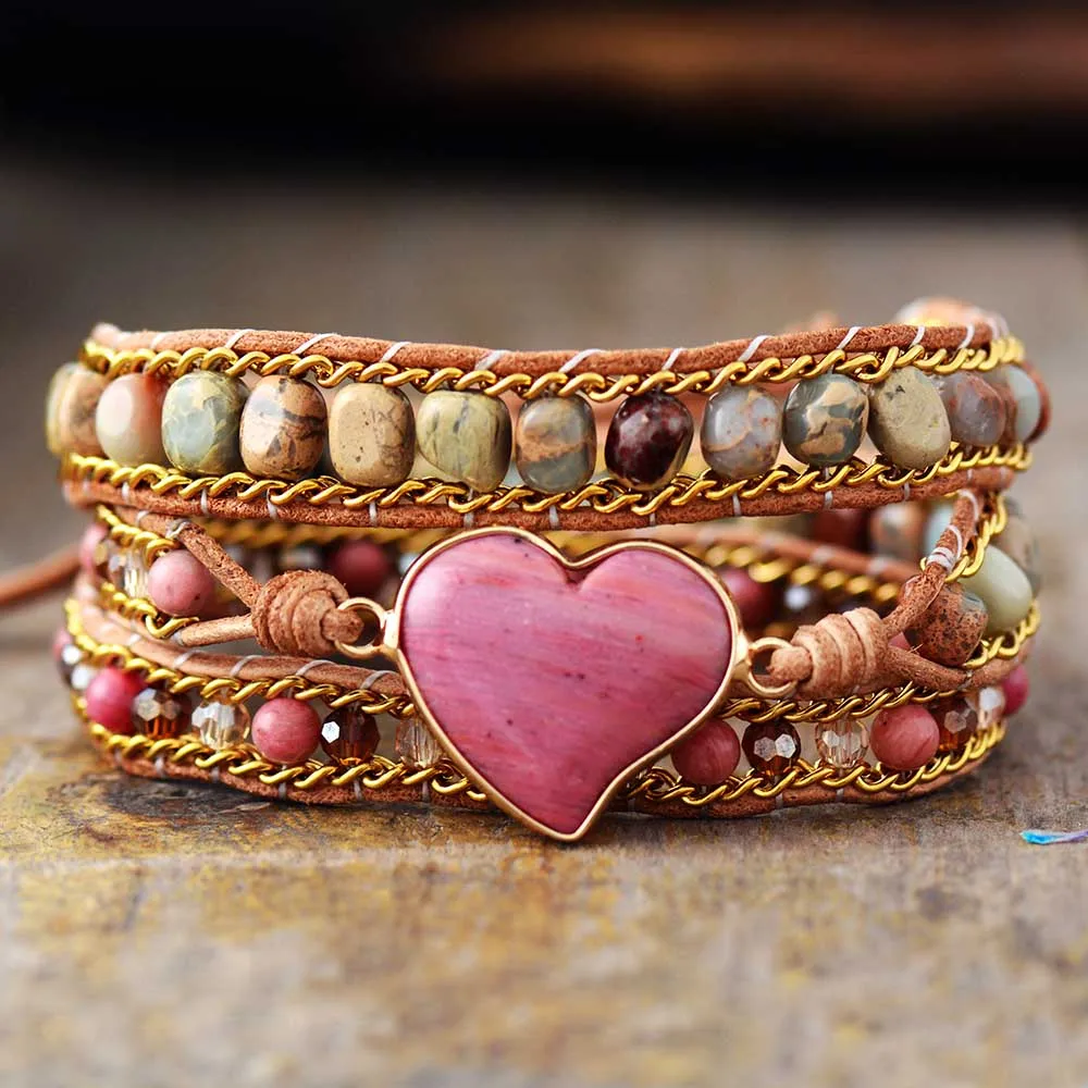 

Luxury Heart Shape Wrap Bracelets W/ Jaspers Crystal 3 Strands Leather Chain Bracelet Fashion Jewelry Bijoux Dropshipping