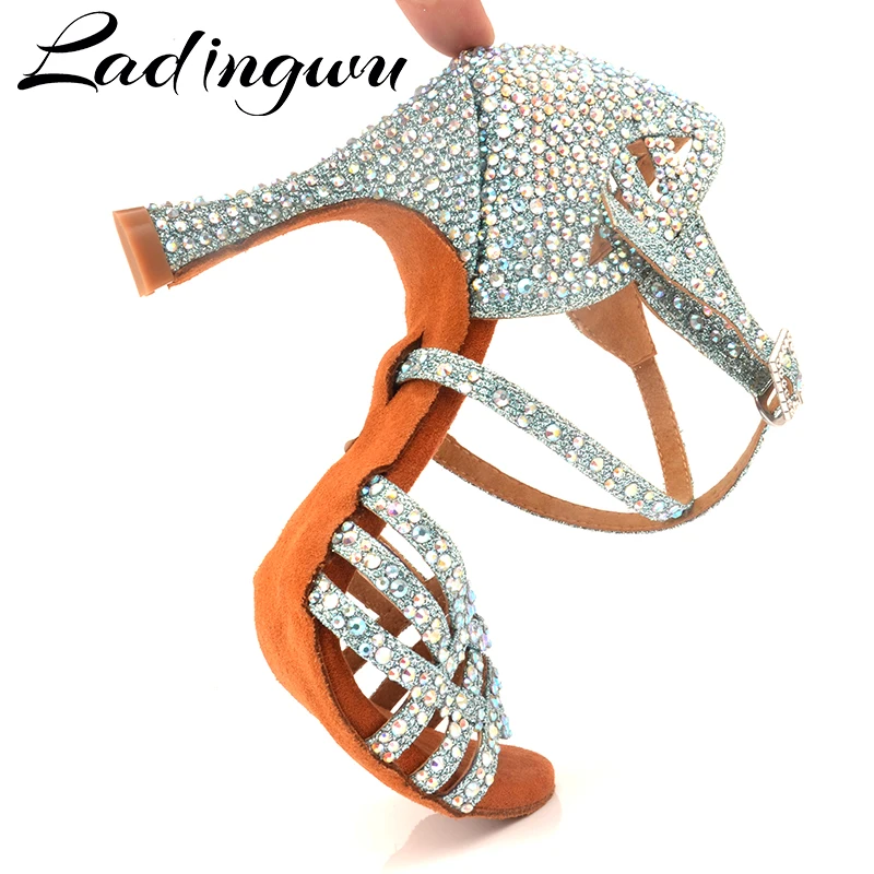 Ladingwu Rhinestone Latin Salsa Performance Dance Shoes Dancing Shoes Ballroom Dance Shoes Women Light Blue Glitter Cloth Dance