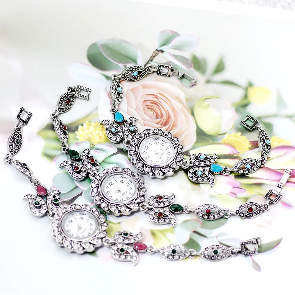Sunspice Ms античный браслет для часов женщин Серебряный цветок с кристаллами