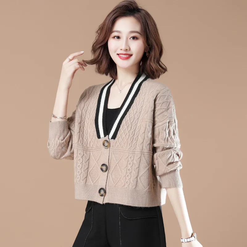 

Autumn And Winter Knitted Cardigan Women Short 2022 New Style Foreign Sweater Long-sleeved V-neck Color Matching Top