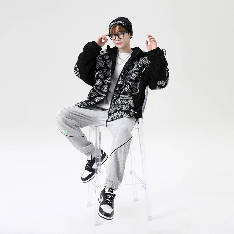 Couple Cashew Flower Imitation Lamb Wool Hooded Jacket 2021 Autumn and Winter Ins Loose Casual Embroidered Decorative Jacket Men