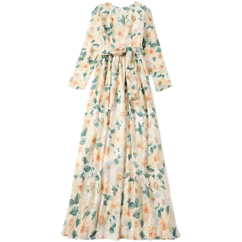 

2021 Newest Summer Fashion Designer Runway Bohemia Holiday Maxi Dress Robe Femme Camellia Print Elegant Party Chiffon Long Dress