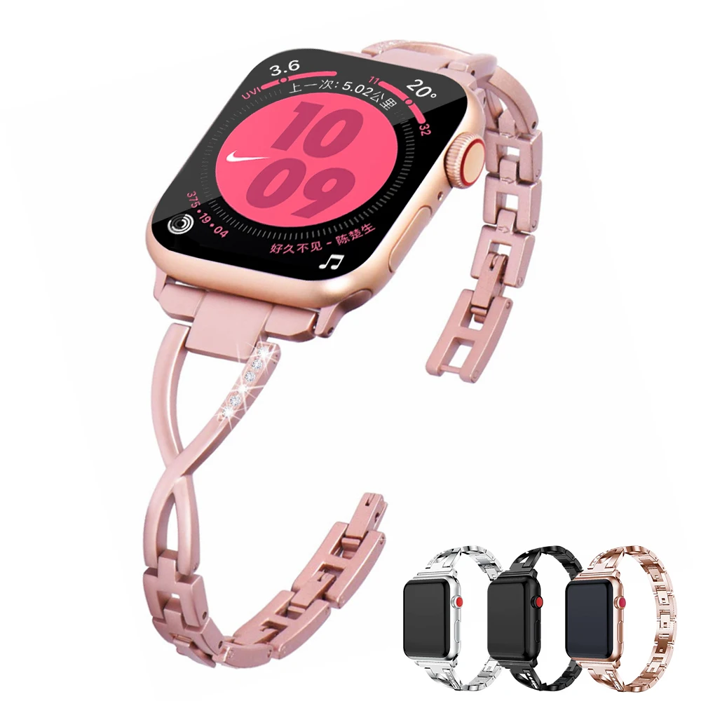 Ремешок из нержавеющей стали для Apple Watch 6 5 SE 40 мм 44 женский браслет с бриллиантами