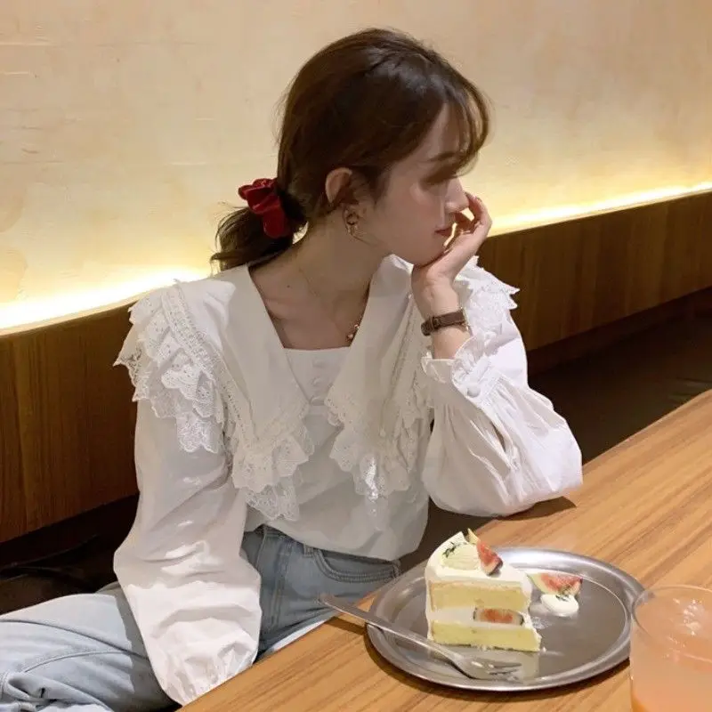 Белая рубашка женская весна 2020 кружевной топ с матросским воротником Blusas Ropa De Mujer