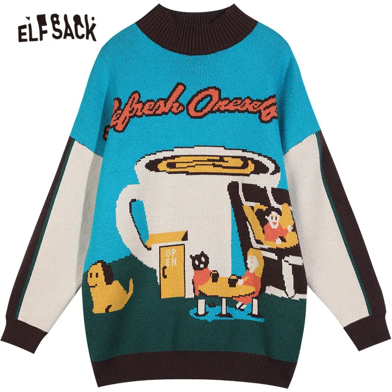 

ELFSACK Harajuku Graphic Jacquard Casual Knit Pullover Sweater Women,2020 Winter Vintage Colorblock Korean Girly Basic Daily Top