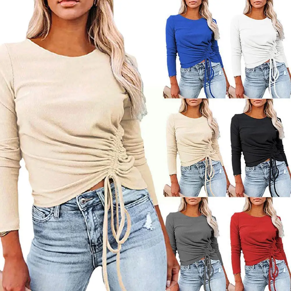

Color Women Autumn Tops Fashion O Neck Long Sleeve Clothes Shirt T Casual Tees Holiday Party Drawstring J0g7