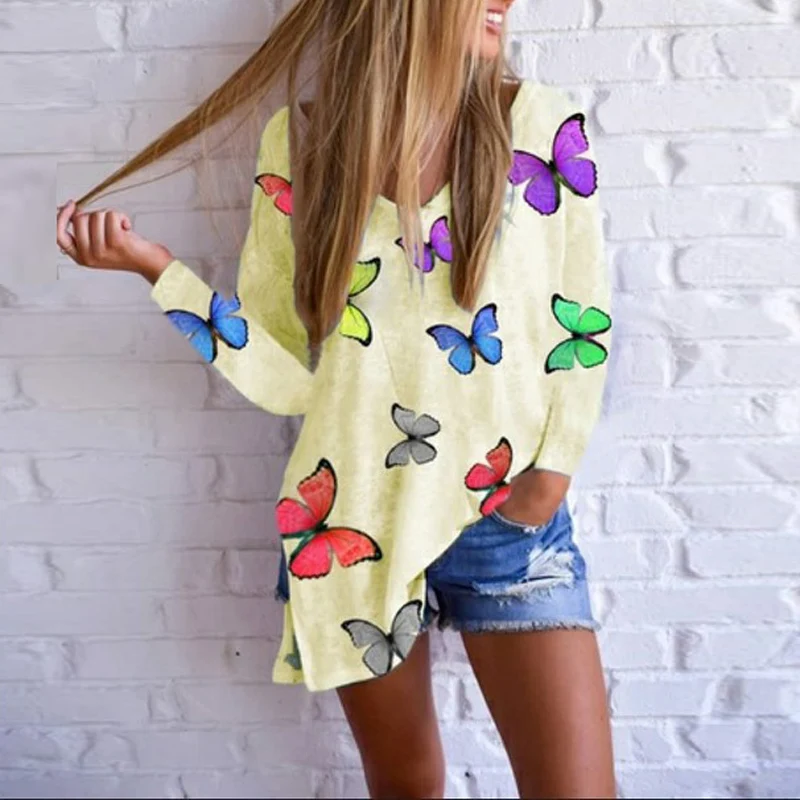 

Chinese Fashion Women T Shirts Ladies Tops 2021 Long Sleeve Autumn Tops V Neck Butterfly Print Shirts Plus Size Harajuku Shirt