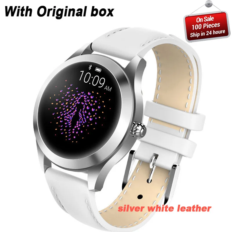 silver white leather KW10 Смарт часы для женщин IP68 Водонепроницаемый мониторинг сердечного ритма Bluetooth фитнес Браслет Smartwatch для Android IOS pk H2 H1 - Цвет: silver white leather
