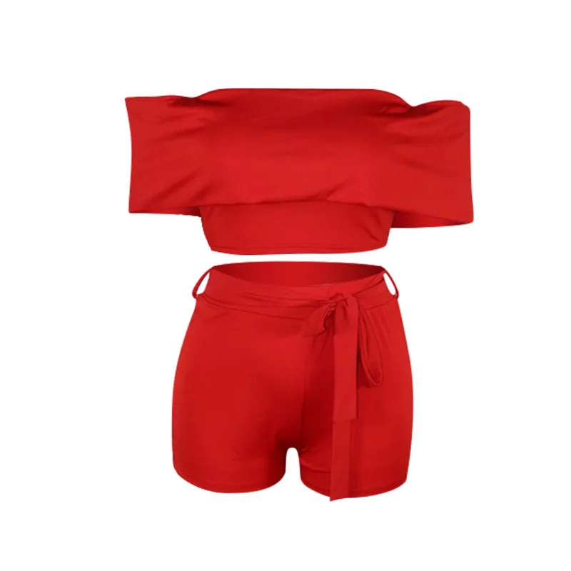 

Womens Short Sleeve and Shorts Suit Short Sets Fashion Solid Color Off-shoulder Cropped Tops and Bandage Tight Shorts Tracksuit