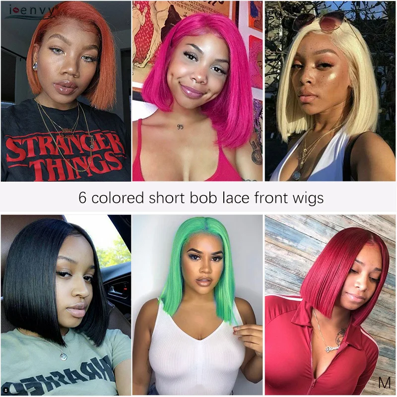 Красный зеленый прямой короткий боб парики человеческие волосы на кружеве 13х4