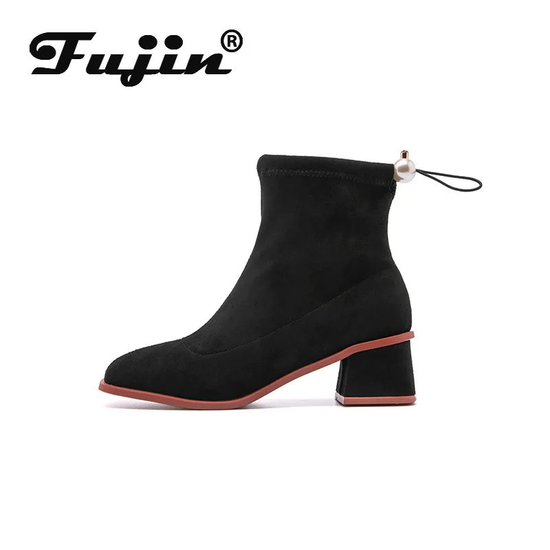 Fujin/женские эластичные сапоги Сезон весна осень Женские из флока на среднем