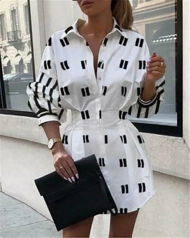 2019 Women Long Sleeve Turn-down Collar Shirt Dress Ladies Elegant Office Business White Mini Plus Size | Женская одежда