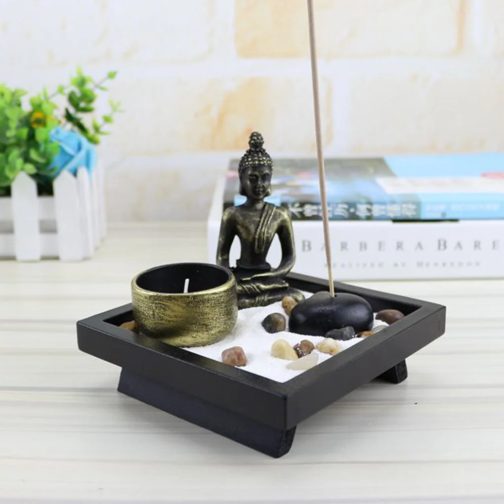 

Настольная садовая статуя Будды для медитации с подставкой для чая, подставка для благовоний, скалы, песок, украшение для дома, расслабляющи...