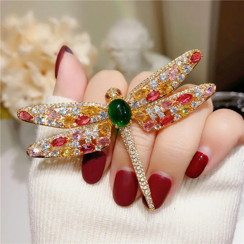 

Linmouge Animal Brooches For Women Colorful Zircon Dragonfly Green Stone Temperament Coat Sweater Pin Accessories Jewelry GB5