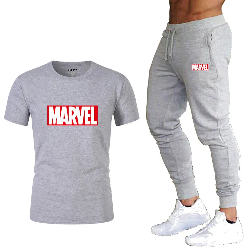 

New 2021 men's casual stitching contrast t shirt + Pants 1 set 2 Sportswear 1 wholesale