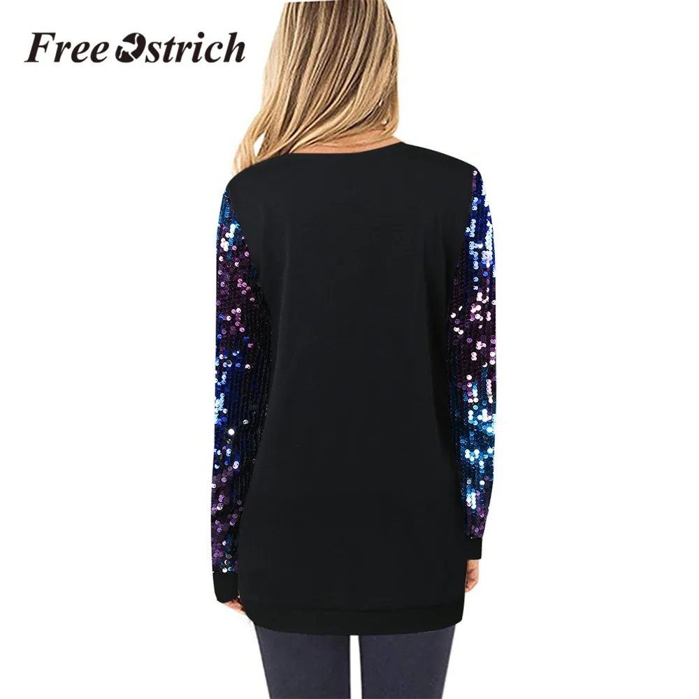 Free Ostrich Fashion Women Harajuku Sweatshirt Autumn Winter Sequins Long Sleeve Black Female Pullover Loose Dresses | Женская одежда