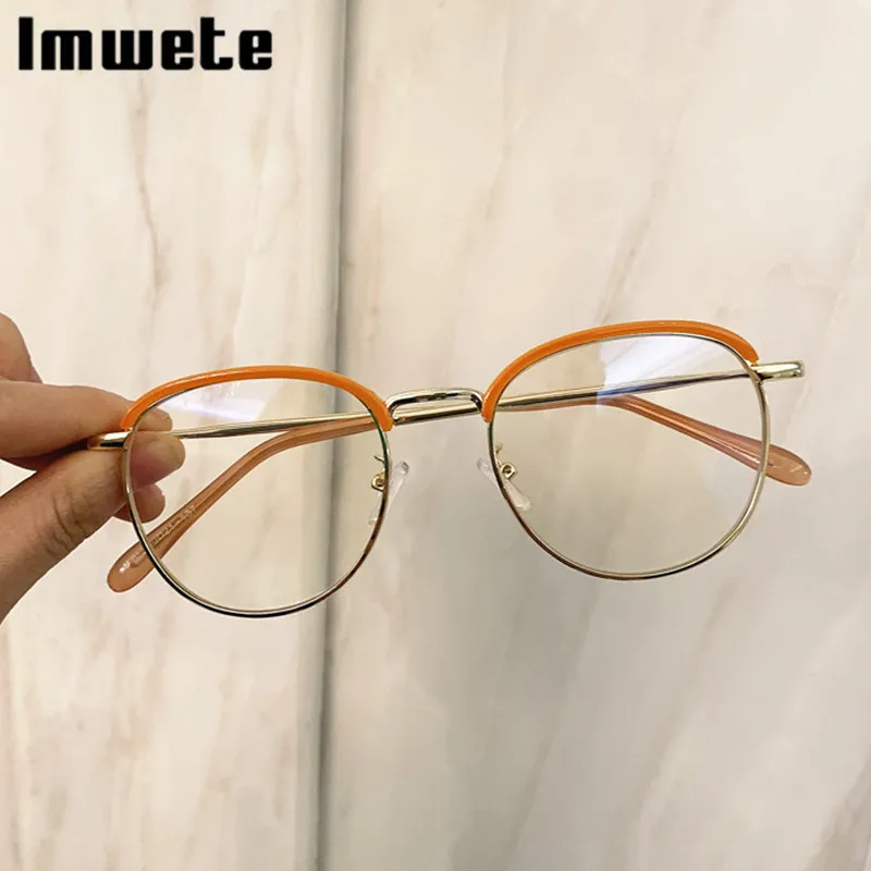 

Imwete Metal Glasses Frames Women Brand Designer Round Sun Glasses Men Vintage Computer Spectacles Female UV400 Gold Half Frame