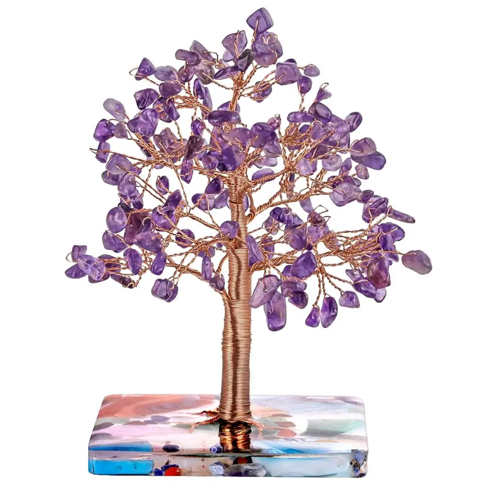 

TUMBEELLUWA Natural Healing Crystal Tree with Agate Slices Resin Base for Home Decor,Copper Wrapped Money Tree for Wealth & Luck