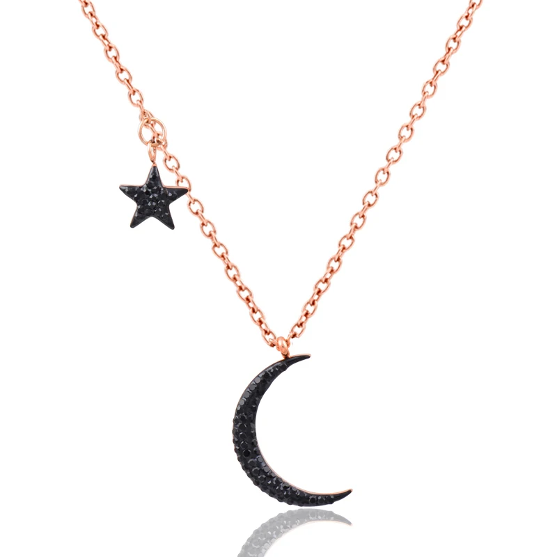 

LEEKER star and moon pendant stainless steel necklaces black cubic zirconia chain rose gold color jewelry for women boho 307 LK2
