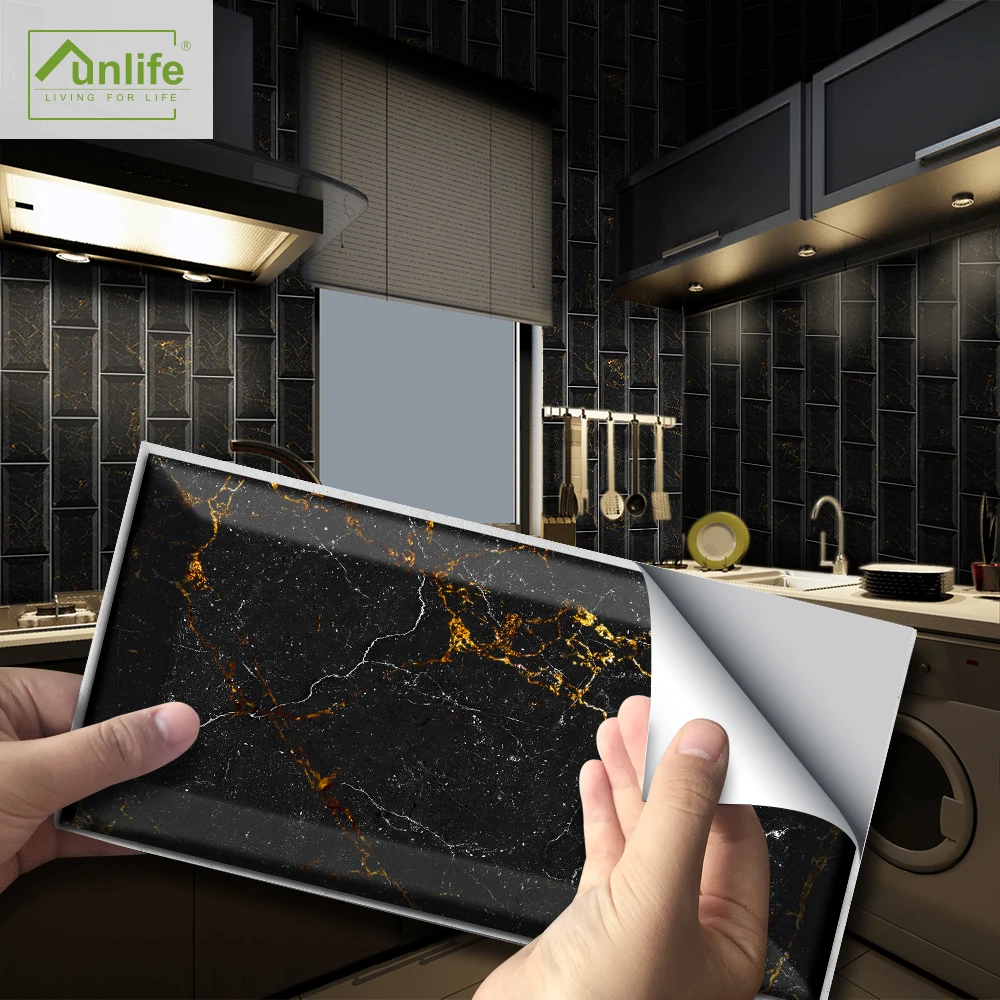 

Funlife® 20X10cm Black and Gold Marble Wall Sticker Oil Proof Peel & Stick Tile Stickers for Bathroom Kitchen Backsplash Wall
